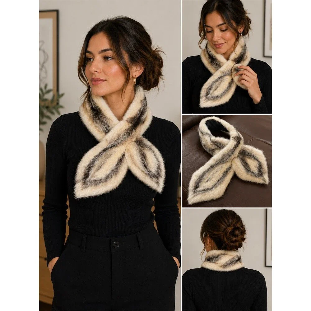 Womens Pull-Through Scarf Neck Warmer Cream Black Two-Tone Swirl